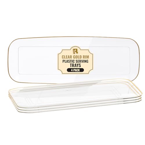 R-kay 4 Pack Plastic Serving Trays For Party - Gold Serving Tray 17 by 6.5 Inch - Heavy Duty Clear Trays For Food - Long Party Serving Trays For Entertaining - Clear Platters - color: Clear And Gold, size: 17 Inch