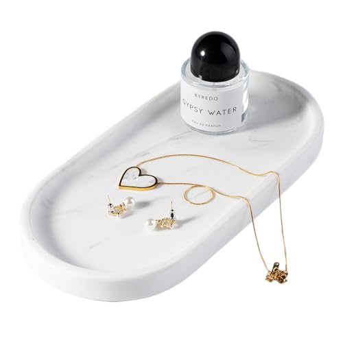 Koville White Marble Oval Tray for Bathroom Countertop, 10" x 5" Natural Marble Vanity Trays, Stone Perfume Organizer Tray for Decor, Jewelry Dish Perfume Trays for Dresser - color: Volakas White