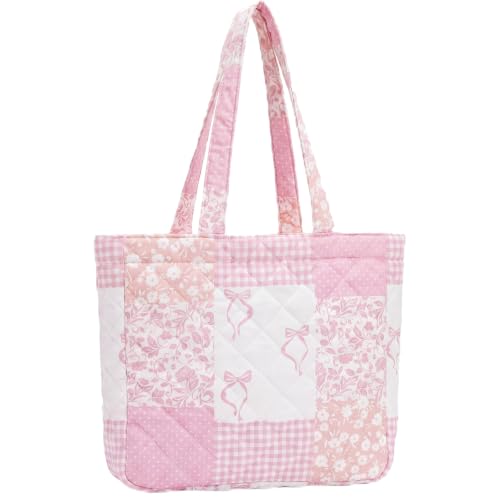 Aliceset Quilted Patchwork Tote Bag for Women Cotton Shoulder Bag Back to School Gift Farmhome Rustic Handbag Commuting Beach - style: Pink Bow