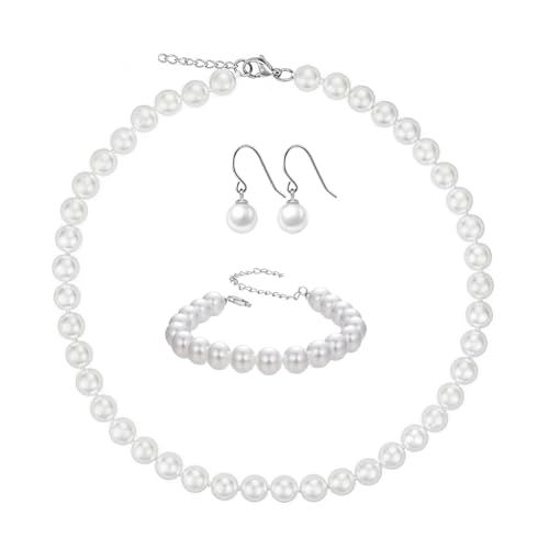 Pearl Bride Wedding Jewelry Set Faux Pearls Crystal Rhinestone Necklace Earrings Bracelet Sets for Women Bridesmaid(3 PCS) - color: Milky White - Pearl Choker