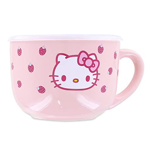 Silver Buffalo Hello Kitty Strawberries 25oz Ceramic Soup Mug with Vented Lid - color: Pink