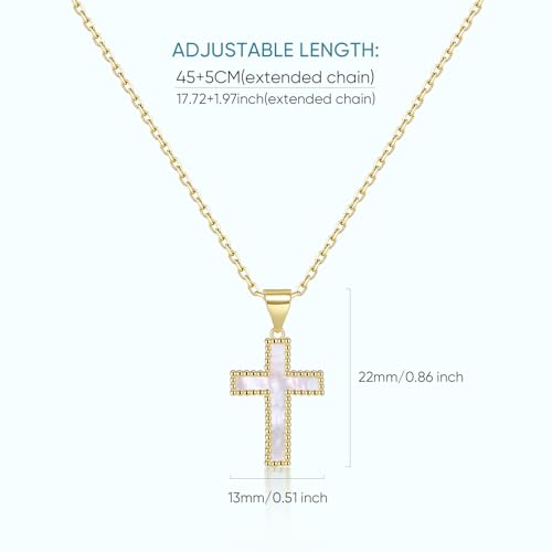 Mother of Pearl Cross Necklace for Women, 14K Gold Plated Christian Jewelry