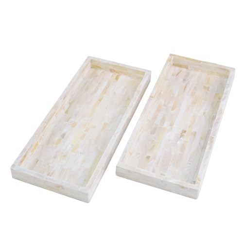 PEMAR Set of 2 Mother of Pearl Bathroom Tray for Counter, 11" Wooden Vanity Tray for Perfume Makeup Kitchen Sink Countertop Organizer, Toilet Tank Tray, Valet Tray (White Tiles) - color: White Tile