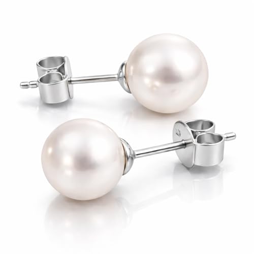 Real Freshwater Pearl Stud Earrings for Women, Hypoallergenic - color: Rhodium Plated, size: 9.0-9.5mm