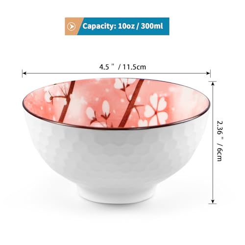 Ceramic Rice Bowls 10 oz, Sakura Bowl Gift Set, Dinnerware Serving Bowls for Rice, Cereal, Noodle, Soup, Desserts, Pack of 6 (Pink) - color: Pink