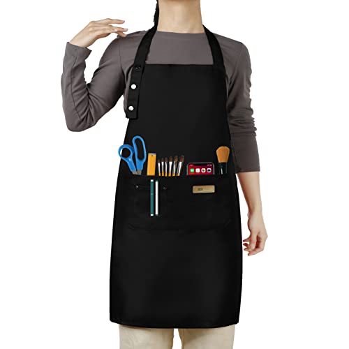 Hongsome Adjustable Button Apron for Women Men Artist Painting Pottery Garden Cooking Kitchen Chef 3 Pockets Waterproof M-XXL - color: Black