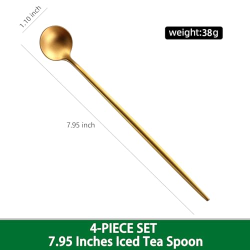 7.95 Inches Matte Gold Stainless Steel Iced Tea Spoons,Set Of 4 SS18/10 Cocktail Stirring Spoons,Long Handle Ice Teaspoons For Mixing,Coffee Stirrers,Ice Cream Spoon - color: Gold, size: 7.95 Inch