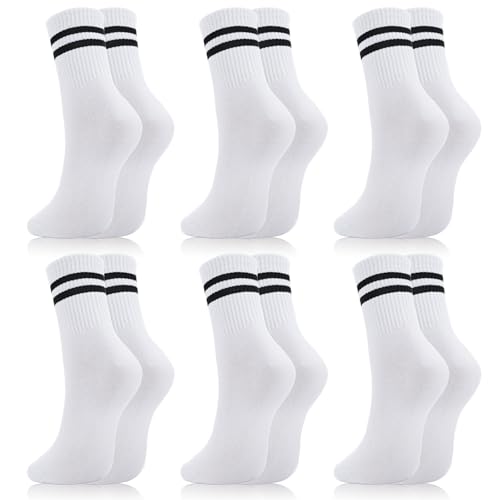 Womens White Crew Socks 6 Pair Striped Trim Casual Crew Socks - color: White