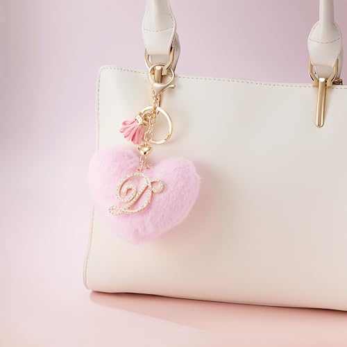 Initial Letter Heart Pom Pom Keychain for Women Pink Soft Fluffy Ball Key Ring for Purse Backpack Handbag - color: D