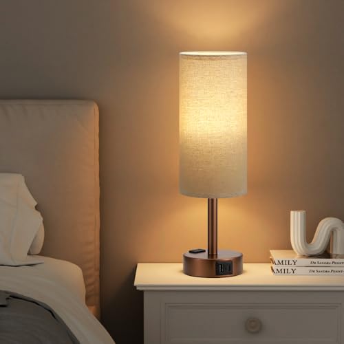 Fenmzee Brown Bedside Lamp for Bedroom, Dimmable Touch, USB A+C, AC Outlet - color: Beige - Brown, size: 14"