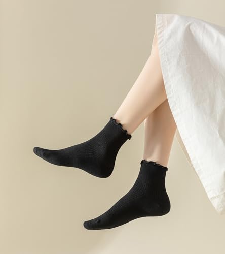 DQCUTE Women's Ruffled Ankle Cotton Crew Socks, 6 Pairs - color: 2black+2white+2grey