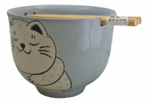 Ebros Gift Artistic Donburi Ramen Udon Noodles Soup Salad 5" D 18Oz Bowl With Bamboo Chopsticks And Built In Rest Set Asian Dining Kitchen Accent (Blue Chubby Kitty Cat) - color: Blue Chubby Kitty Cat