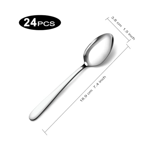Pleafind Dinner Spoons - 24 Pcs 7.4 Inch Spoons Silverware, Stainless Steel Silverware Spoons, Silverware Spoon for Home, Kitchen, Restaurant, Mirror Polished & Dishwasher Safe - size: 24P 7.4'' Silver Dinner Spoons