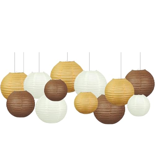 Brown Boho Paper Lanterns Decorative 12pcs Caramel Party Hanging Decorations Rustic Party Wedding Natural Baby Shower Boho Brown Birthday Party Home Decor - color: brown,white,tan