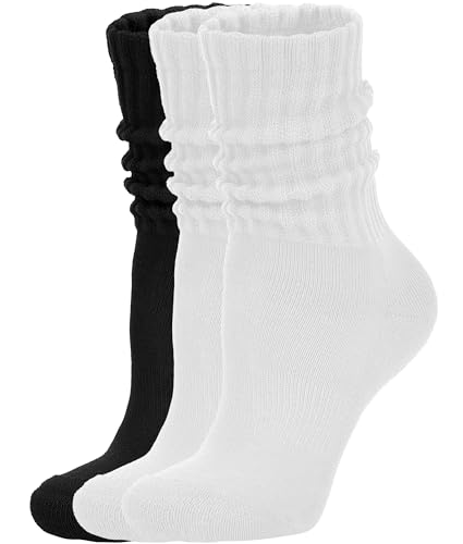 AugRing Women's Scrunch Crew Socks Retro 3-Pack Solid Cotton Boot Calf Chunky Ribbed Cozy Slouchy Socks Size 5-11 - color: White/White/Black