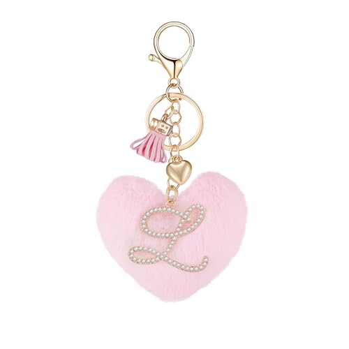 Initial Letter Heart Pom Pom Keychain for Women Pink Soft Fluffy Ball Key Ring for Purse Backpack Handbag - color: L