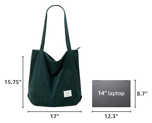 KALIDI Women Corduroy Tote Bag Zipper Casual Tote's Handbag Big Capacity Shoulder Bag with Pockets - color: Dark Green