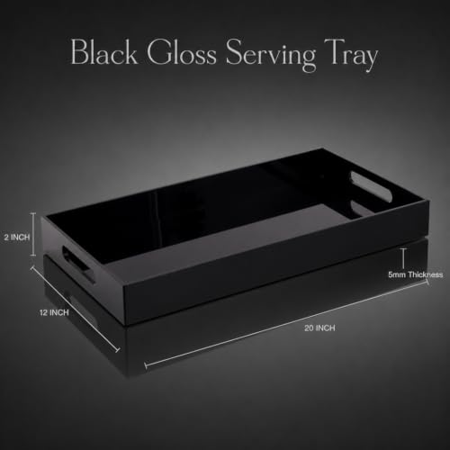 Black Tray 20x12” with Cut Handles - Large Plastic Tray for Ottoman Coffee Table, Kitchen, Office & Serving Guests - Modern Countertop Organizer & Ideal Decorative Tray - color: Black, size: 20" x 12" x 2"