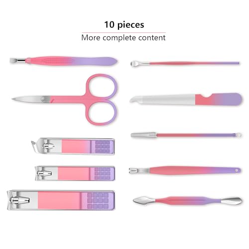 Manicure Set, Travel Mini Nail Clippers Kit Pedicure Care Tools, 10pcs Stainless Steel Grooming kit (Pink Purple) - color: Pink Purple