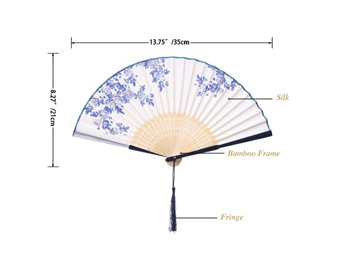 QIRMIZI 10 Pieces Handheld Fans, Silk Folding Fans, Floral Folding Fans for Birthday,Dancing, Cosplay, Weddings, Parties, and Events,Blue and White Porcelain - color: 06 Blue and White Porcelain