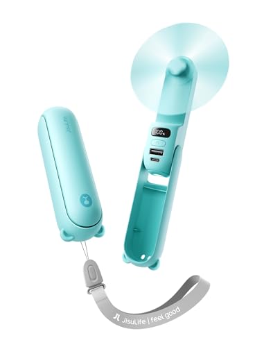 JISULIFE Portable Handheld Fan, 3 In 1-Fan, Power Bank, Flashlight, Cyan - color: Cyan