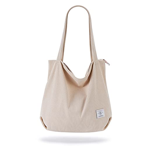 KALIDI Women Corduroy Tote Bag Zipper Casual Tote's Handbag Big Capacity Shoulder Bag with Pockets - color: Cream White