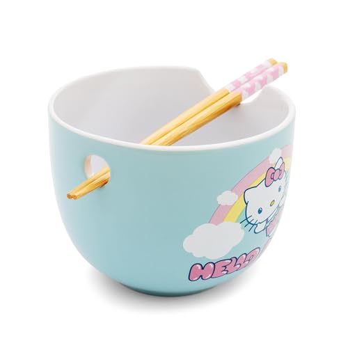 Silver Buffalo Sanrio Hello Kitty Rainbow Ceramic Ramen Dinnerware Set | Includes 20-Ounce Noodle Bowl and Wooden Chopsticks