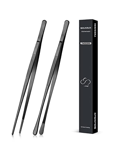 2 Pcs 10-inch Cooking Tweezers Tongs Precision Serrated Tips, Stainless Steel Professional Chef Tweezer Kitchen Tools for BBQ, Plating and Serving (Black) - color: Black, size: 10inch