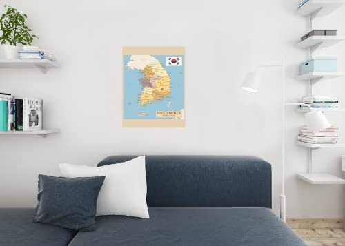 South Korea Vintage Political Map Poster Republic of Korea Provinces with Flag With North Korea Yellow Sea Of Japan Geography Map Cool Wall Art Print Poster 24x36 - size: 36"L x 24"W