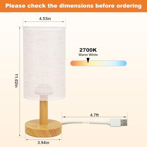 Small Touch Table Lamps Set of 2 with Stepless Dimming&USB Plug, Natural Round Wood Base & Linen Fabric Shade |Soft Ambient Night Light |Minimalist Boho Bedside Lamp for Bedroom,Nursery,Kitchen,Dorm - size: Round - USB Plug Touch - Set of 2