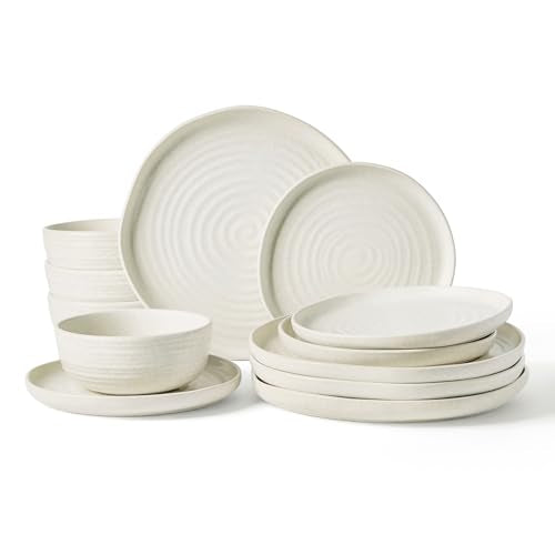 Famiware Pluto 12-Piece Stoneware Dinnerware Set, Matte Beige White - color: Beige White Matte, size: Service for 4 (Standard Dinner Set)