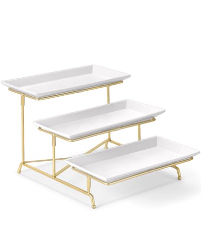3 Tier Serving Tray Set Porcelain Tiered Serving Platters, Collapsible Sturdier Stand with Stable Cross Bars, 12 Inch Three Layer Serving for Party Entertaining Food Display Fruit Dessert - color: Gold, size: 12 Inch