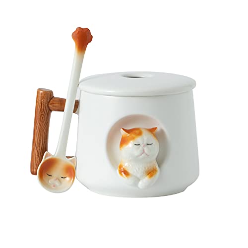 DIHOclub Ceramic Coffee Mug with Lid and Matching Spoon,Novelty 3D Cat Pattern Mug for Tea Milk Chocolate Juice,Cute Cup for Dog Lovers,Perfect Gifts-14 Ounces(white) - color: White