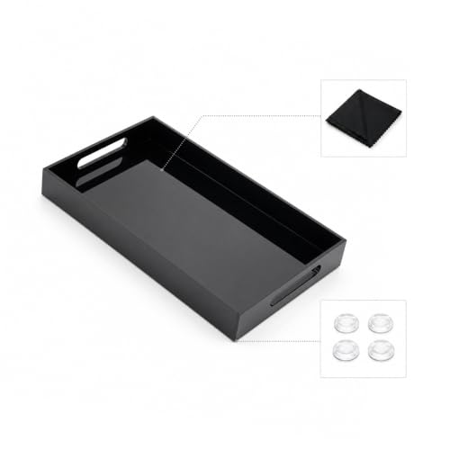 Black Tray 20x12” with Cut Handles - Large Plastic Tray for Ottoman Coffee Table, Kitchen, Office & Serving Guests - Modern Countertop Organizer & Ideal Decorative Tray - color: Black, size: 20" x 12" x 2"