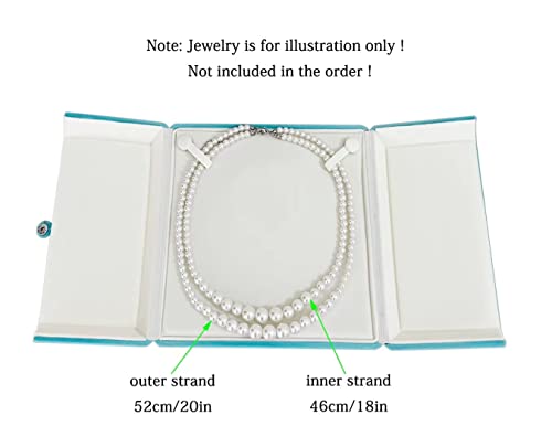 Aqua Teal Velvet Jewelry Box for Large Necklace Luxury Pearl Strand Presentation Case, Tri-Panel Flat Open Design, Button Clip Closure, Cream Velvet Interior, Gift Box for Wedding Birthday - color: Large Necklace Pearl Case
