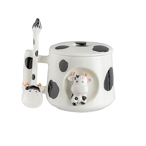 DIHOclub Adorable 3D Ceramic Cow Mug with Lid and Spoon - Perfect for Coffee, Tea, Milk, and More - Ideal Gift for Animal Lovers Gift for Mather- 14 Ounces(BLack white) - color: BLack white