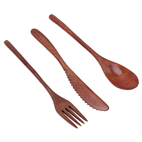 Wooden Cutlery Set, 3 PCS Wooden Spoon Fork Knife for Eating, Wooden Utensil Reusable Dinner Set with Case, Kitchen Flatware Set Travel Cutlery
