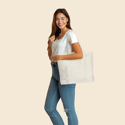 22" Heavy Duty Cotton Canvas Tote Bag (Zippered) - color: Natural