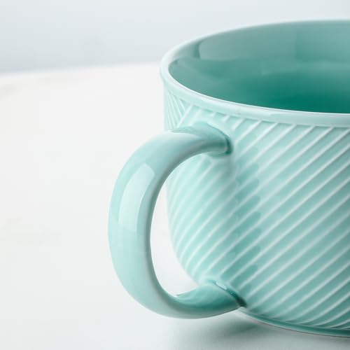 Ceramic Soup Bowl with Handle, 38 oz Microwave Safe, Mint Green - color: Mint Green