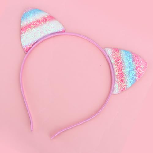 Cat Ears Headband Rainbow Glittery Non Shed Sparkly Pastel Kitty Ears - color: Rainbow Glittery