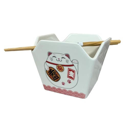 Urban Tokyo Chinese Takeout Box Style Porcelain Bowl With Chopsticks 18 fl oz Square Shape Rice Noodles Pasta To Go Box Shaped Bowl Microwave Dishwasher Safe (Lucky Cat) - color: Lucky Cat