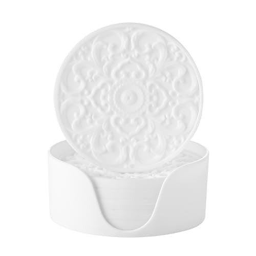 Colinda Silicone Coasters - Set of 6 with Holder, Non-Slip Cup Mats for Hot and Cold Drinks, Decorative Designs, Gift Ready Packaging, White - color: White