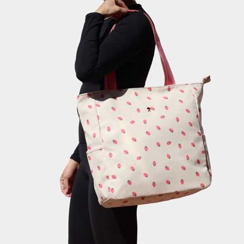 ESVAN Original Floral Water Resistant Large Tote Bag Shoulder Bag for Gym Beach Travel Daily Bags Upgraded - color: Corduroy Pink Strawberry