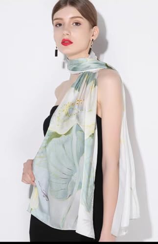 ANDANTINO 100% Silk Long Scarf-Women Large Oblong Shawls with Gift Packed - color: Light Green&white Lotus
