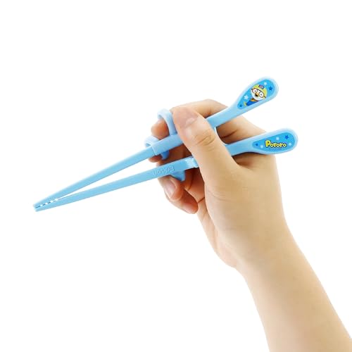 Edison Pororo Training Chopsticks, 2 Step Beginner Learning Chopsticks, BPA-Free Plastic, Korean Food, Japanese Food, Sushi, Dishwasher Safe, Blue, Made in Korea (Right Hand)