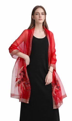 Jeelow Long Silk Blend Embroidered Floral Shawl Scarf Wrap for Women - color: Scarlet Whisper