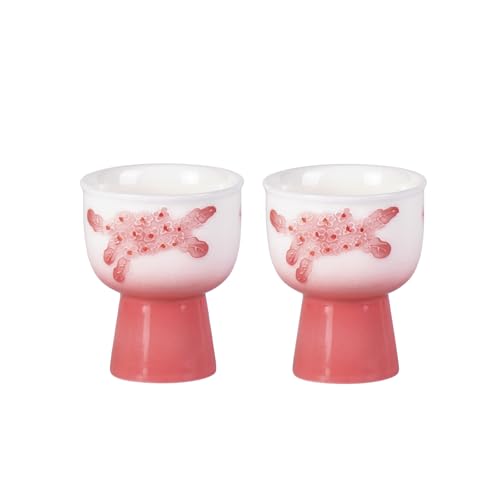KAMMAK Tea Cup, 2oz Small Tea Cups, Porcelain Tea Cups Set with Short Stem, Cute Ceramic Teacups for Home, Party, Office, Chinese Kungfu Tea Set for Hot/Cold Drink (Pink Pile Flowe) - style: 714N Pink Flower