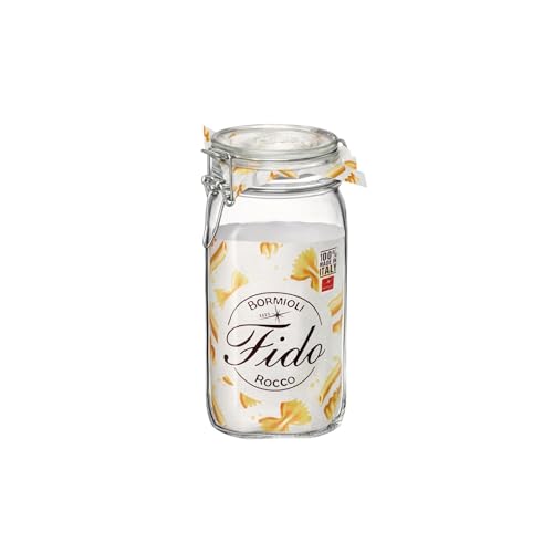 Bormioli Rocco Fido Squared Wide Mouth Glass Jar with Airtight Gasket Clamp Lid for Canning and Food Storage, Clear Top, 50.75 oz.