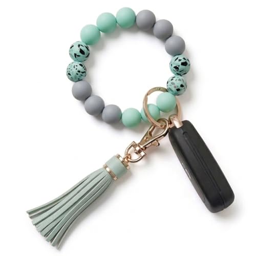 BIHRTC Key Ring Bracelet Car Keychain Holder Wristlet Silicone Women Beaded Bangle Chains - color: Mint Green