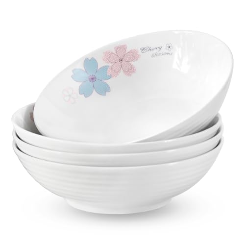 Ceramic Pasta Salad Bowl, 8 inches, 18 Oz, Set of 4 - color: Blue Pink Cherry Blossoms, size: Colorful Ceramic Bowls-18 oz (4 pack)